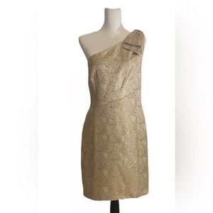 London Times Gold Cream One Shoulder Bow Brocade Formal Cocktail Dress SZ 10 NWT